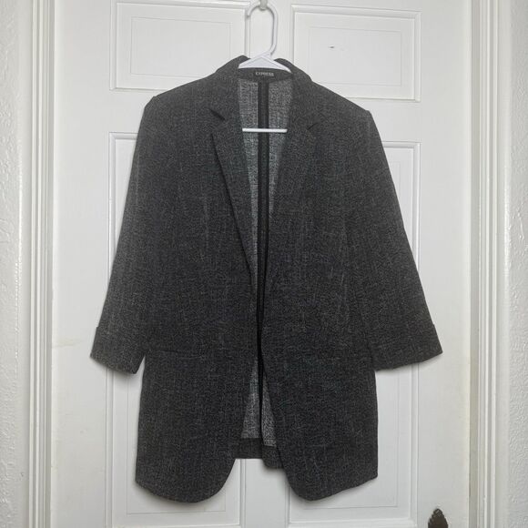 Express Women’s Black Metallic Open Front Blazer Size S Longline Career Jacket - Picture 1 of 6